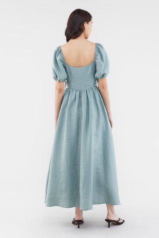 Kaelyn Linen Puff-Sleeve Dress