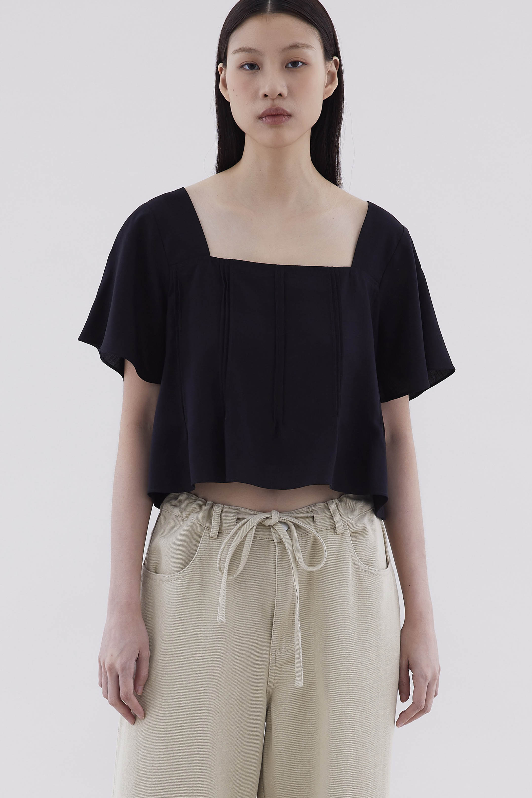 Qara Pin-Tuck Flutter Sleeve Top