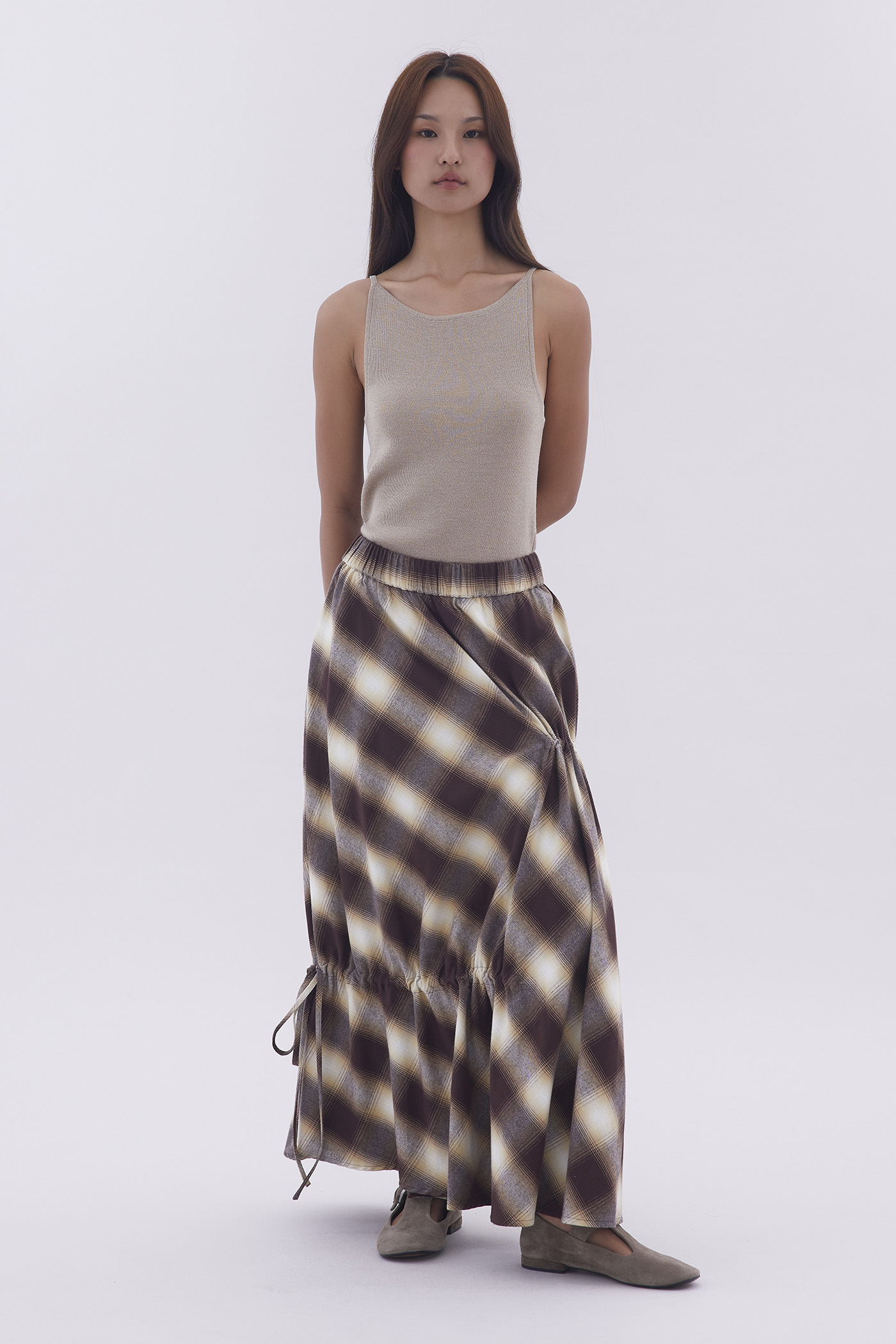 Checked Ruched Midi Skirt