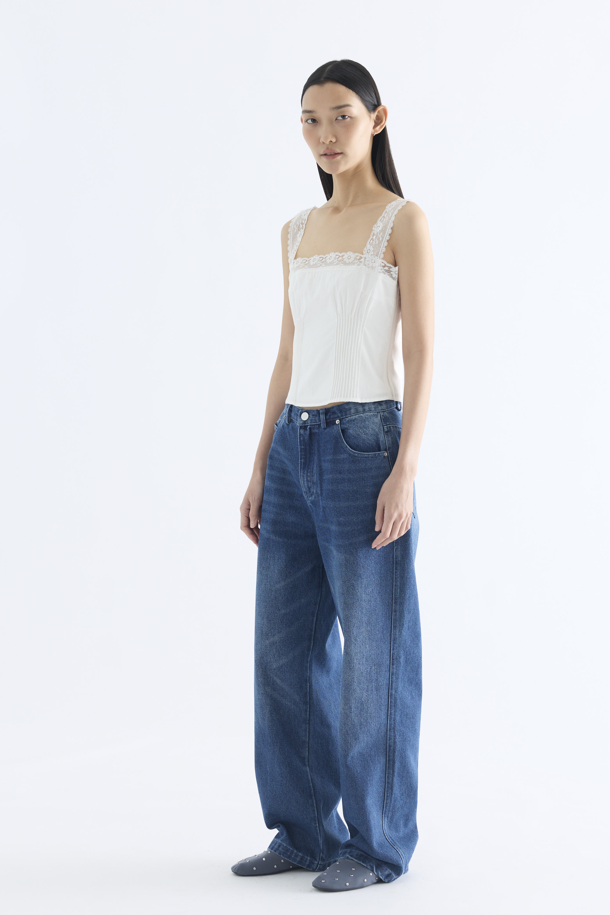 Colette Lace Square Neck Pintuck Top