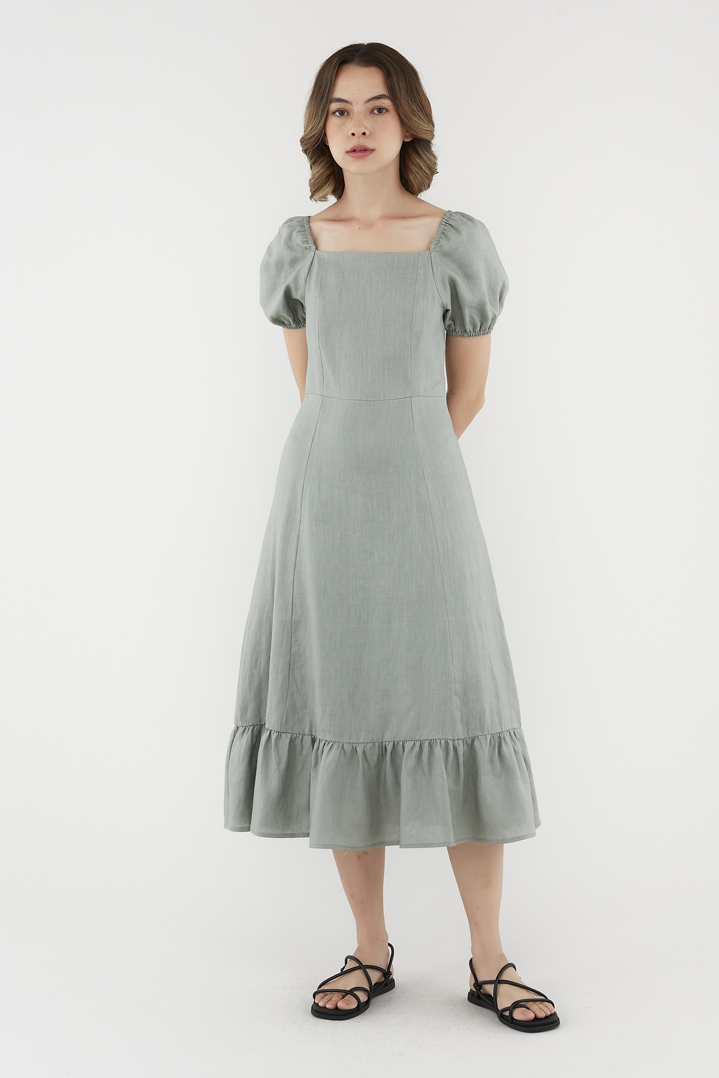 Caitlin Linen Puff-Sleeve Dress